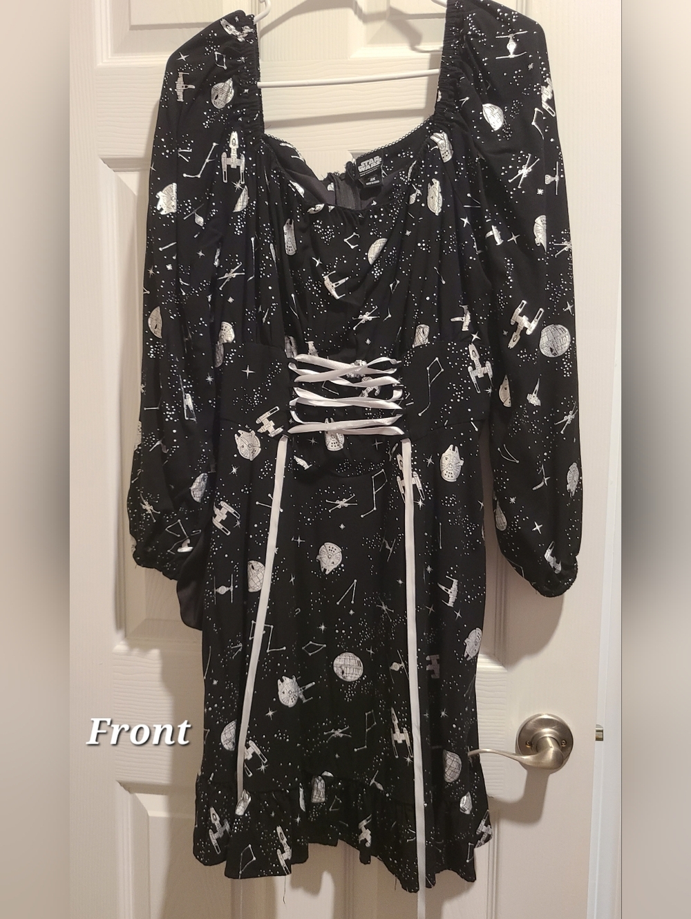 Her Universe Black and White Space-Print Lace-Up Puff Sleeve Mini Dress